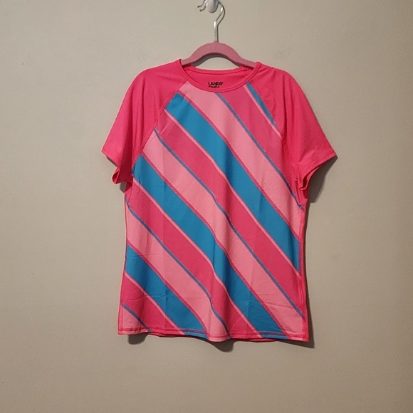 New Lands'  End rash guard girls sz XL 14 - 16  pink blue short sleeve - Picture 1 of 7